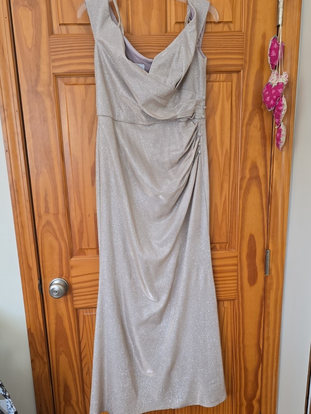 Oleg Cassini Silver Glitter Cowl Neck Evening Gown